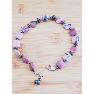 Sterling Silver Pink Marble Hematite Bead Bracelet XL Adjustable